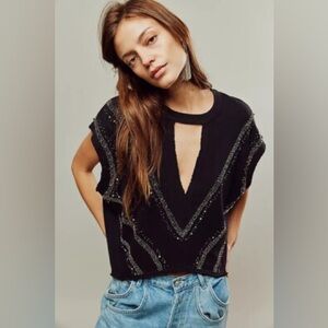 Free People Stardust Muscle Tee Blouse Top Embellished Black